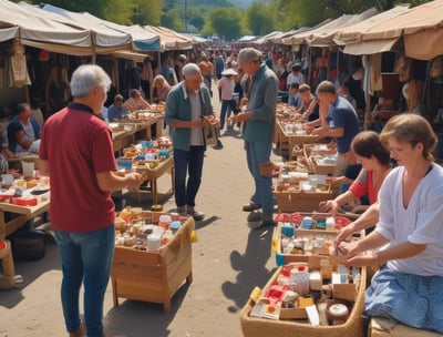 A vibrant outdoor market scene with several people interacting and trading goods. Various colorful fruits and flowers are displayed in baskets and crates on the ground and tables. An assortment of umbrellas provides shade to the vendors and customers. The surrounding architecture appears traditional and there is a bustling atmosphere.