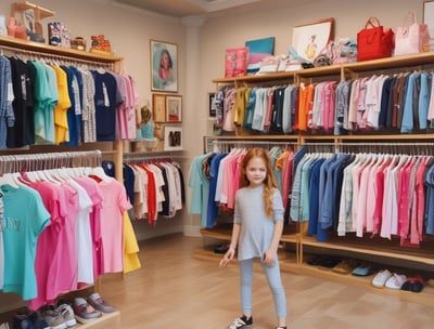 A clothing store interior with racks of colorful garments and accessories. Two people are browsing through clothing. The store is well-lit, with mannequins displaying outfits and shelves stocked with bags.