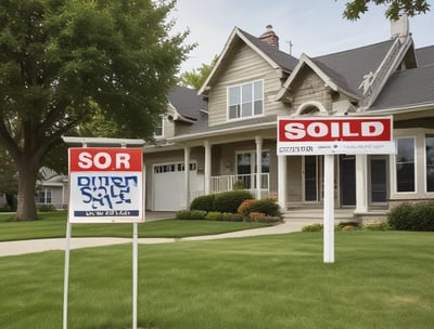 A bustling street scene featuring a row of shops and a property agency with bright signage, a pedestrian walking by, and a black vehicle passing along the road. In the foreground, a traffic sign and some greenery are visible.