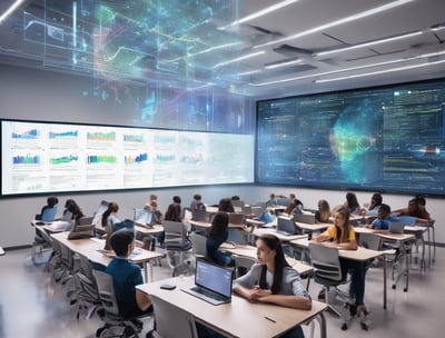 a classroom with a large screen displaying a presentation