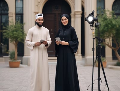 A person wearing a cream-colored hijab and a teal garment is smiling gently while looking at the camera. The background consists of two vertical color blocks in white and pink. The person exhibits a calm and confident demeanor, accessorized with a bracelet.