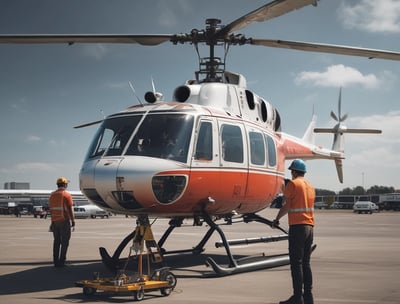 A yellow helicopter is parked with its doors open, revealing an interior filled with medical equipment and a stretcher. A person in a pilot uniform labeled 'PILOTE HELISMUR' is standing nearby on the red landing pad. The surroundings include green grass and a building.