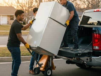 Men loading a large appliance, a junk refrigerator, into the back of a black pickup truck.