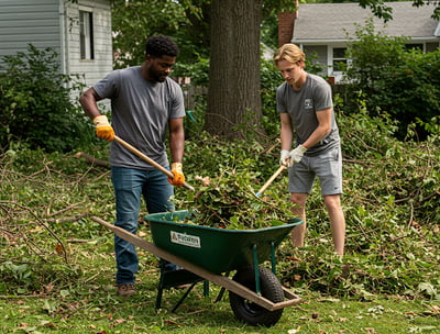 Removing yard debris from a customer's lawn.