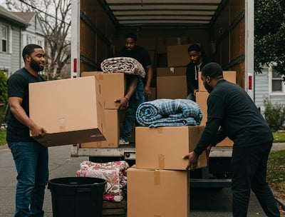 Men moving boxes into a truck.