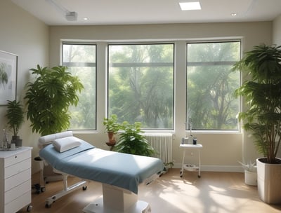 A dimly lit room contains a medical examination table covered with a white sheet. Wooden-framed windows line the wall, letting in diffused natural light. There are multiple bowls on a table to the left, and two woven baskets are placed on a table to the right, both draped with white cloth. The atmosphere is minimal and quiet.