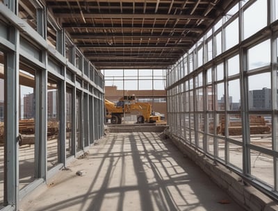 A construction site covered with blue scaffolding is visible. Several signs and banners advertising construction companies and services are attached to the scaffolding. There are details indicating restoration work being done, including contact information and project descriptions.