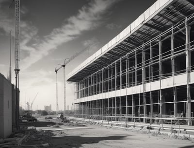 A construction site with an archway framed in DensGlass sheathing panels. There is a large plywood board partially covering the entrance. Construction materials, including a metal container and drywall, are scattered around.