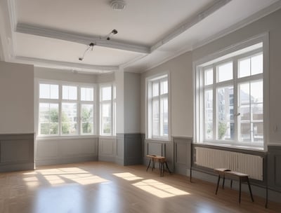 A construction site is visible with scaffolding along the side of a building. A yellow portable toilet stands on one side, featuring a sign with contact information. The construction area shows some building materials and a partially built structure, with a narrow view of windows from an adjacent building.