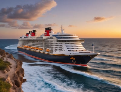 A large cruise ship with brightly illuminated signage in red, surrounded by decorative string lights. The scene is framed with an arch, and a palm tree is visible in the foreground. The atmosphere appears to be during dusk or early evening with soft ambient lighting.