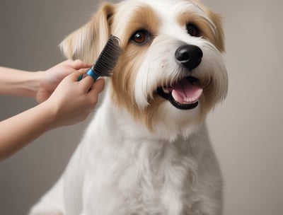 A small, fluffy dog with a gray and white coat is standing on a grooming table, attached with a blue harness. The room is well-lit with large windows and contains grooming equipment including dryers and a pair of scissors. Another dog, partially visible, is on a similar table in the background.