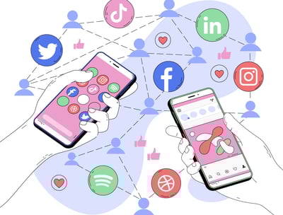 Smartphones con redes sociales como Facebook, Instagram, LinkedIn y Twitter conectados entre sí