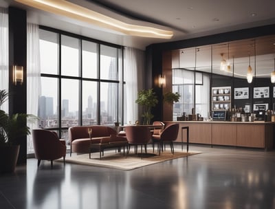 The image captures the interior of a restaurant or cafe, with the word 'Benessere' prominently displayed on a reflective surface. There are people working behind a counter, possibly chefs or kitchen staff, with a warm light illuminating the area. A chandelier with multiple hanging lights adds elegance, and there are some tables set for dining in the foreground.