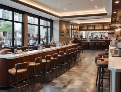 A modern and bright cafe interior featuring turquoise and white tiled walls and floors. The space includes shelves stocked with various goods, a counter displaying snacks and drinks, and menu boards hanging above. Plants in stylish pots add a touch of greenery to the decor. Hanging pendant lights illuminate the area, while a sign lists catering, wine, gifts, bakery, espresso, and sandwiches.