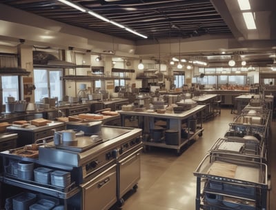 A spacious warehouse with tall shelves filled with various boxes and pallets. A yellow forklift is parked in the aisle, surrounded by organized inventory. The environment appears clean and well-lit, with items neatly stacked on metal racks.
