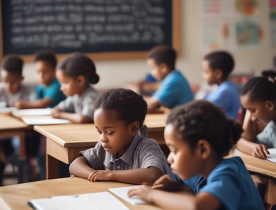 A group of young children sits at wooden desks in a classroom setting, with a teacher assisting them. The children are engaged in writing or drawing activities, wearing clothing typical of an earlier era. The teacher leans over to help some of the children, indicating an interactive and attentive learning environment. The room has a minimalist design with a blackboard and simple furniture.