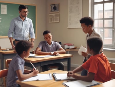 Two children are seated outside on wooden benches at a small desk, engaged with a blackboard that has writing on it. An adult stands nearby, seemingly instructing or observing them. The setting has rustic wooden and painted walls, and the environment appears casual yet educational.