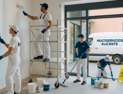 Una platilla de pintores de Multiservicios Alicante pintando un local con uniforme blanco y camiseta