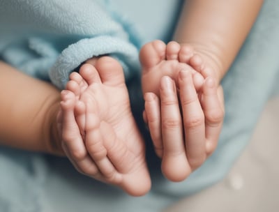 A newborn baby is gently cradled against an adult's chest, with the adult's hands supporting the baby's head. The setting appears soft and serene, with natural light casting gentle shadows.