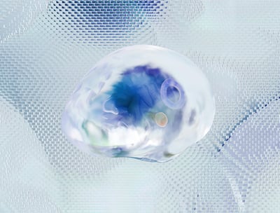 a glass ball with a blue and white background