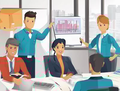 A large group of people, consisting of both men and women, are gathered in a room. Some are sitting on chairs while others are standing around them. The room seems to be set up for a professional training or workshop, as indicated by a banner in the background. The environment appears formal, with a presentation screen and tables with documents and water bottles.