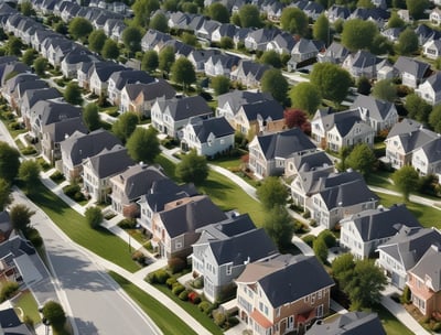 A residential street lined with brick houses stretches into the distance under a partly cloudy sky. A large tree without leaves stands tall on the right side, casting long shadows on the wet pavement. For sale signs are visible in front of the houses, indicating real estate activity. The sunlight filters through the branches, creating a serene atmosphere.