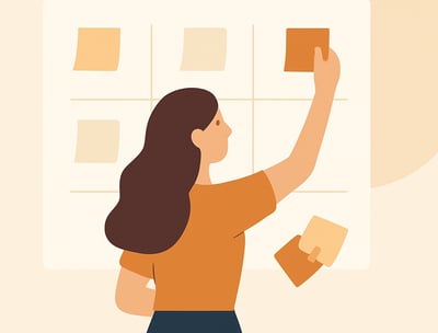 a woman is sticking on board a note