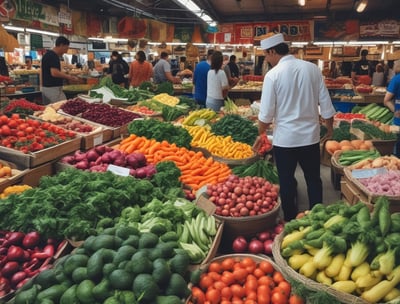 A couple walks into an organic grocery store. The entrance is glass with a large apple design and handwritten notes visible on the door. The interior shows various organic produce and a sign indicating organic goods. Natural light and reflections are apparent on the glass.