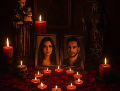 Ritual de retorno de pareja con velas, calavera simbólica y fotos de pareja frente al altar esotéric