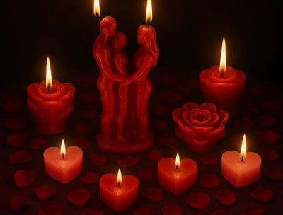 Ritual de unión de pareja con figuras abrazadas, velas en forma de corazón y pétalos rojos