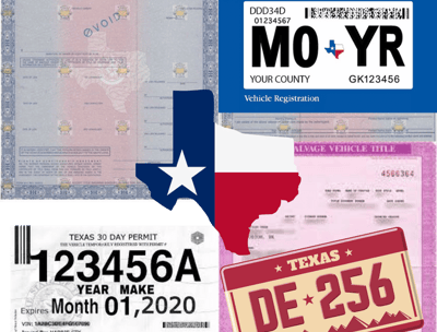 Texas License plate, Texas vehicle sticker, Texas auto title