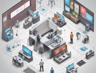 A modern office setting with glass doors leading to an interior workspace. Inside, people are working at desks with computers, surrounded by indoor plants and framed artwork on the walls. A sign reading 'Creative Department' is prominently displayed.