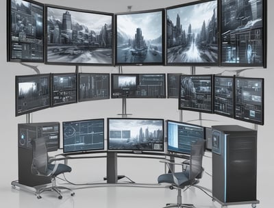 A computer lab with several rows of black desktop computers placed on tables, each connected with various cables. The room has a blue carpet and the walls have bulletin boards with posters. The arrangement suggests a classroom or training environment.