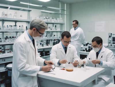 A group of people in a professional setting with a woman in a lab coat at the forefront, pointing towards some papers. The individuals are engaged and appear to be listening intently. The room resembles a laboratory or office space, as suggested by the calendar on the wall and some lab equipment on the table.