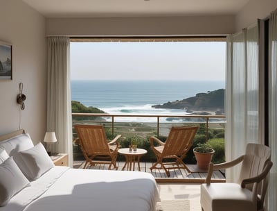 A dimly lit hotel lobby features a red neon sign spelling 'HOTEL' near a window. The wallpaper has a dark, intricate pattern, and there is a brown leather couch with turquoise throw pillows. Through the windows, bicycles and urban streetlights are visible outside. The lighting creates a warm and inviting atmosphere.