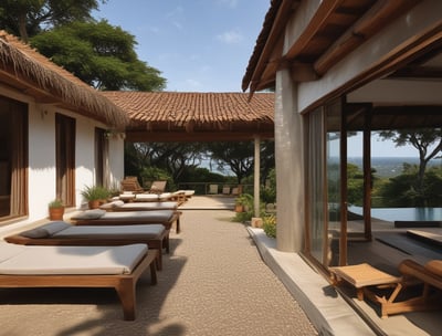 A building with a brick exterior prominently displays the word 'HOTEL' in large white letters on its facade. The building features round, circular structures on the roof and is partially obscured by two other buildings on either side.
