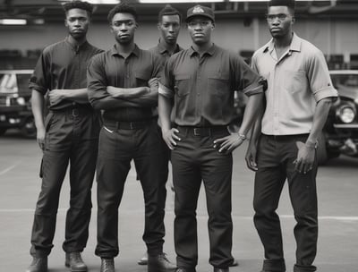 A group of seven men wearing matching blue work uniforms stands in front of a garage with signs denoting 'CAM STONE'S AUTOMOTIVE' and 'NAPA AutoCare Center.' Two white vans with signage promoting auto services are visible. The men appear to be staff members or mechanics.
