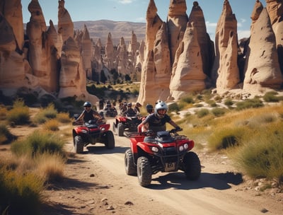 a red four - wheeler parked on a grassy hill