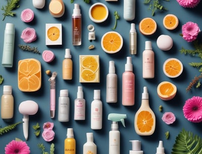 Various wellness and beauty products, including oils in bottles, a bowl of oil, dried flowers, crystals, a smudge stick, and a small dish of cream, are arranged aesthetically on a light surface. The scene is decorated with colorful flowers and herbs.