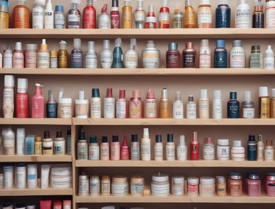 A well-lit interior of a cosmetics store featuring a wooden display table with vibrant blue and turquoise boxed skincare products. There are promotional signs showcasing skincare items, decorative large glass jars, and an arrangement of white artificial blossoms, creating a luxurious atmosphere. Shelves in the background are filled with various beauty products.