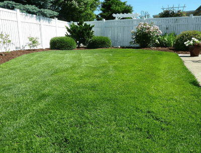 a backyard with a white fenced in lawn area