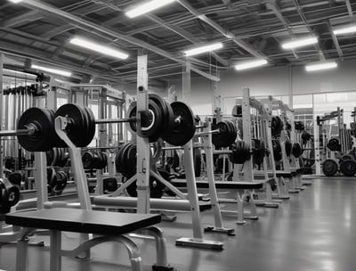 A well-equipped gym with various weightlifting equipment including benches, barbells, dumbbells, and weight racks. There are mirrors on the walls and rubber flooring. The lighting is bright yet soft, and the gym appears clean and organized.