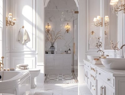 Elegant classic bathroom with white marble, gold accents, and luxurious chandeliers.