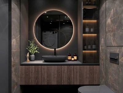 Modern luxury bathroom with dark tones, wood accents, and ambient lighting.