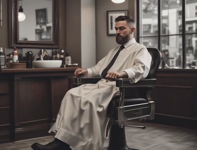 grayscale photo of man shaving his beard