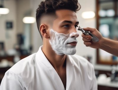 A barbershop with a modern aesthetic featuring a row of barber chairs under linear overhead lighting. A barber is seen styling a customer's hair. Shelves in the background are stocked with grooming products, and a stack of Budweiser boxes is visible on the floor.