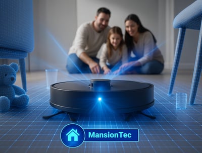 Robot aspirador mapeando habitación con LiDAR, detectando obstáculos y personas, ejemplo domótica