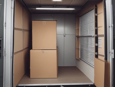 A large moving truck is parked on a residential street in front of a house with beige siding and white garage door. The truck is branded with 'Los Angeles Transfer And Storage,' featuring contact information and graphics of a city skyline. The sky is overcast, and the street is empty.