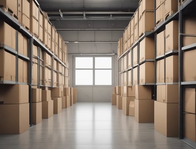 A moving truck with company branding is parked next to an open shipping container on a trailer. Two people are handling items near the container, while a car is parked in the background. The sky is overcast, and the ground appears to be asphalt.
