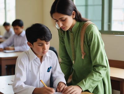 A man and a young girl engage in a focused discussion or study session. The girl, wearing a dark hijab, looks attentive as the man explains something to her. They are sitting at a wooden table, and the background shows another person in a light hat reading and some trophies displayed.